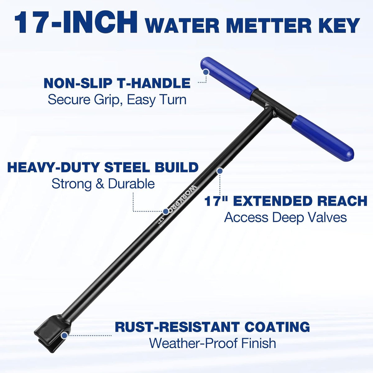 Extended reach water meter key with blue non-slip T-handle and black steel shaft