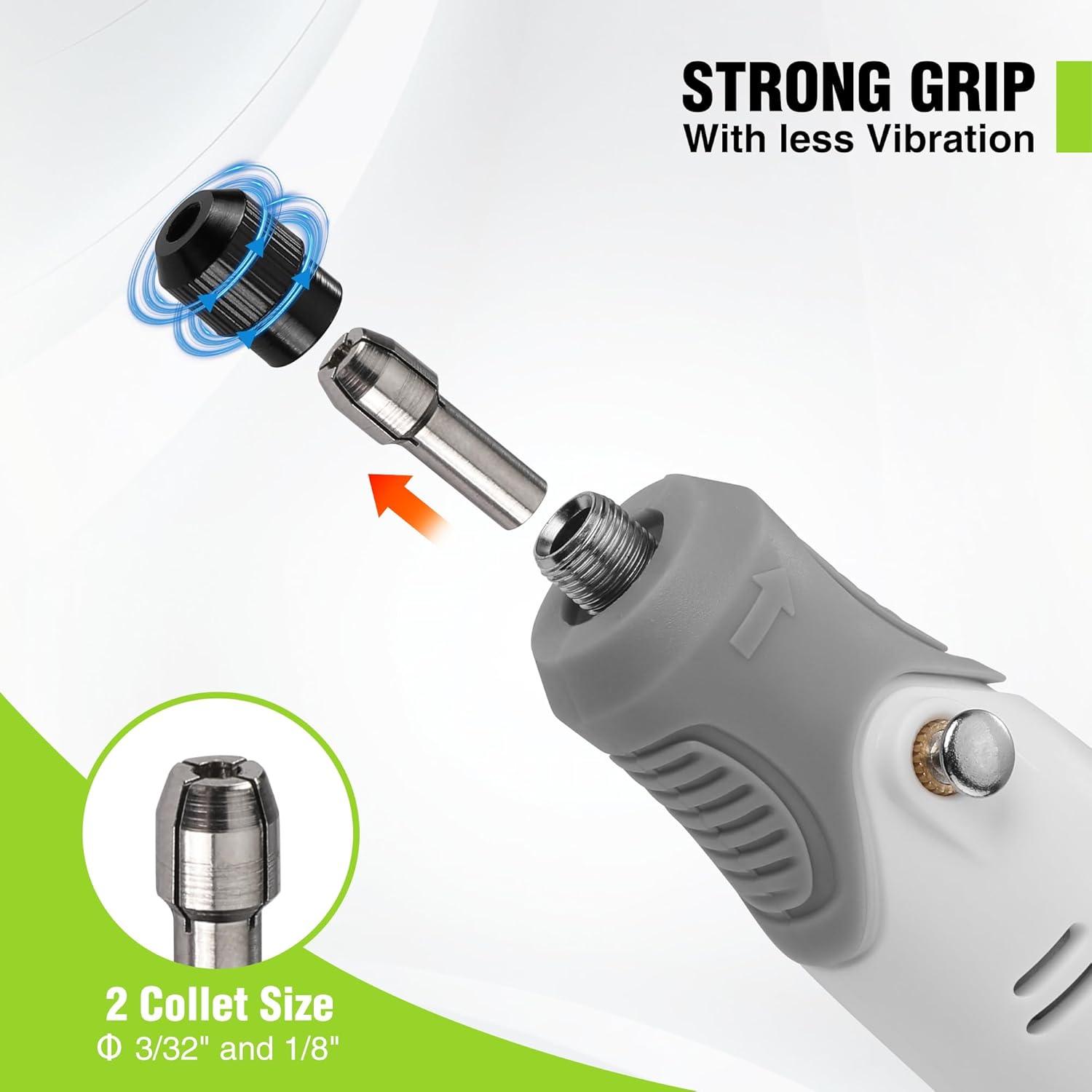 Rotary tool with collet size marking and strong grip handle in white and gray