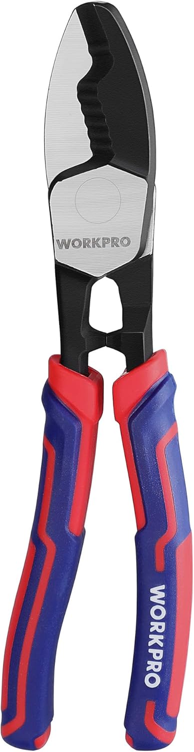 Cable cutter with red and blue anti-slip handles and black twin cutting head.