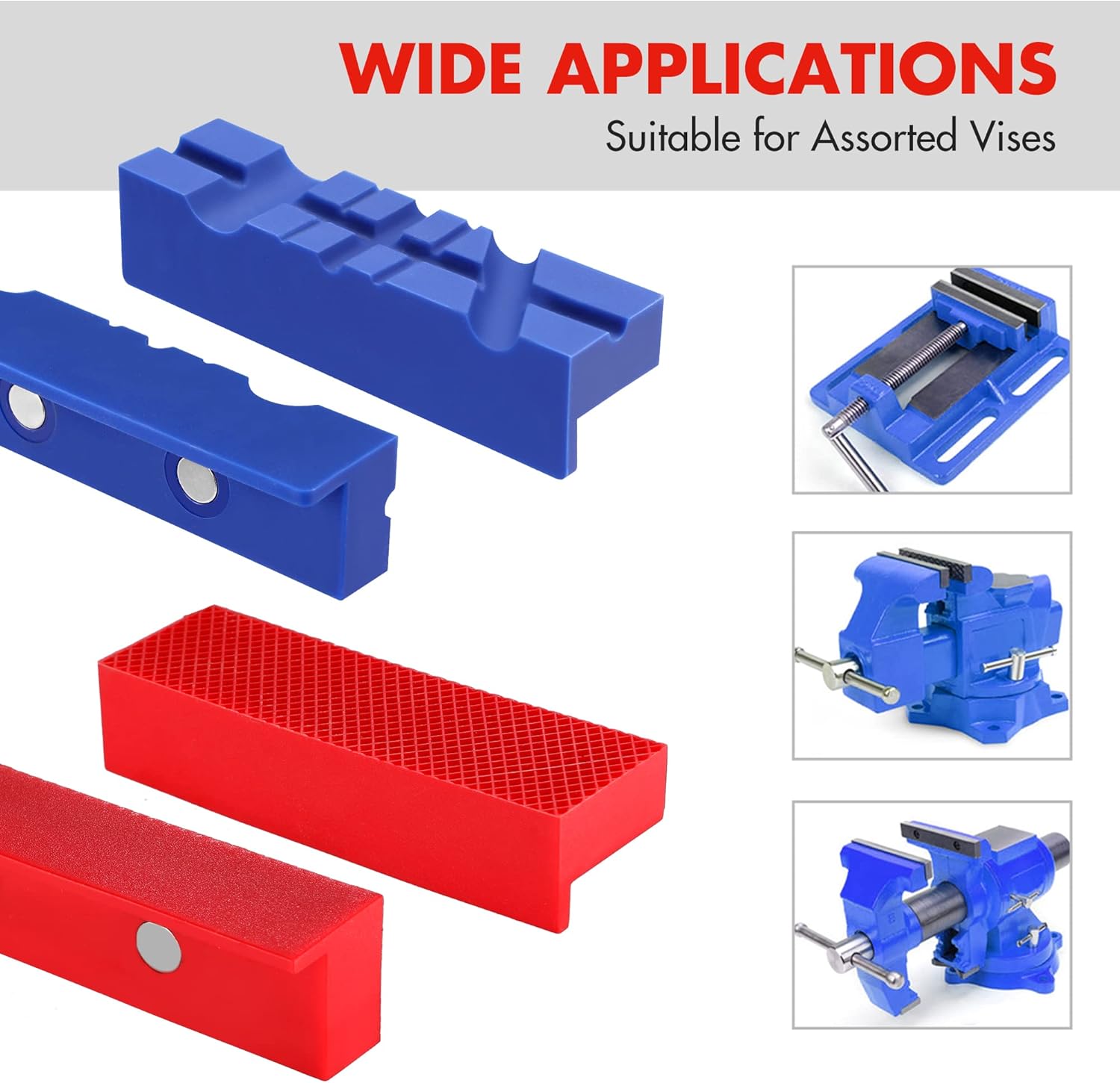 Pair of vise jaw pads: blue multi-groove and red waffle surface protective inserts
