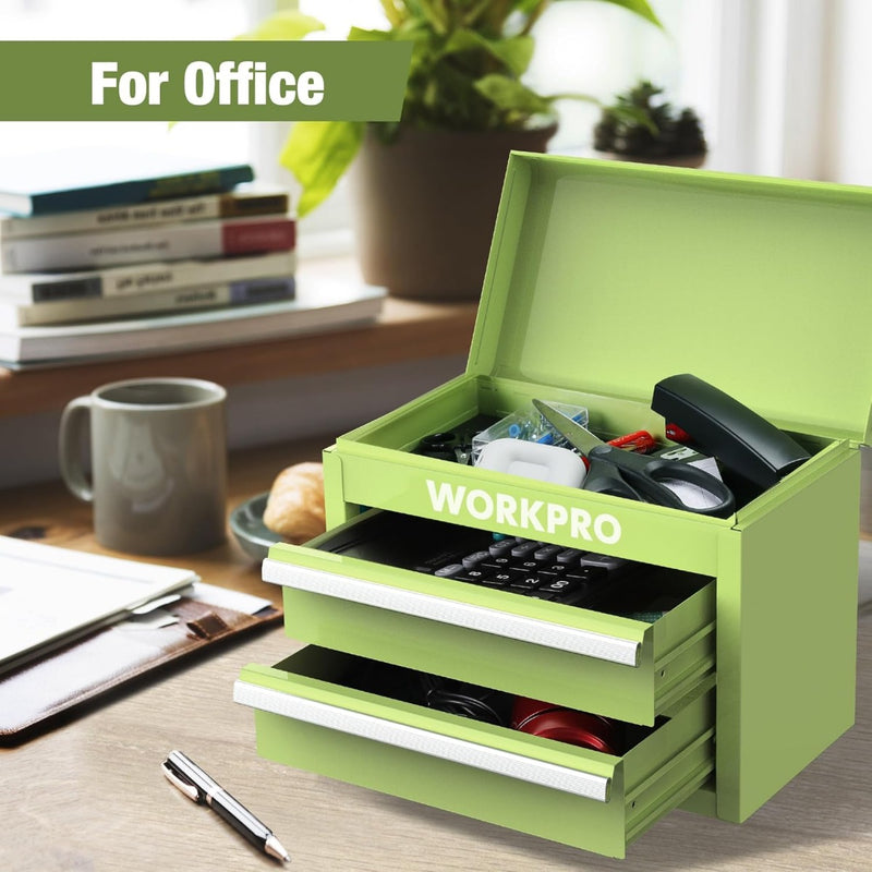 WORKPRO Mini Metal Tool Box with 2 Drawers and Top Storage - Gifts for