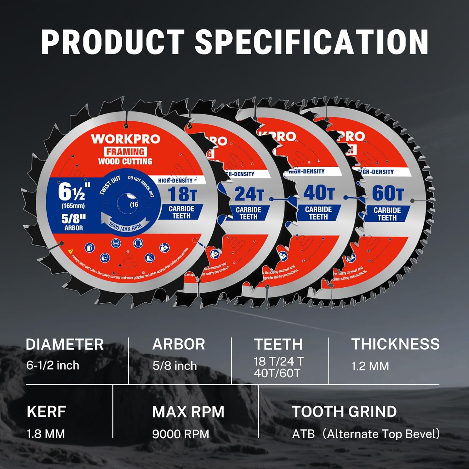 4 circular saw blades set, 6-1/2 in; carbide tipped teeth: 18T, 24T, 40T, 60T