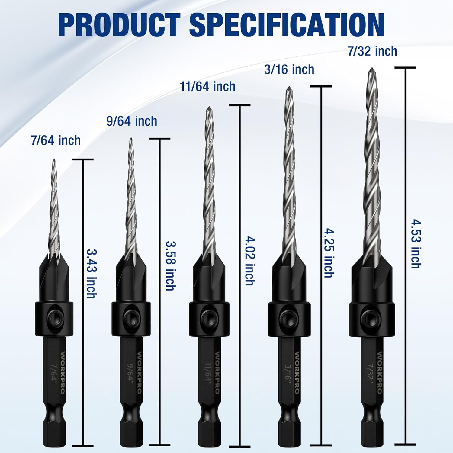 Countersink drill bit set showing multiple bit lengths and sizes with hex shanks