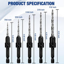 WORKPRO 5-Pack Countersink Drill Bit Set, #4, #6, #8, #10,#12, M2 HSS, 4-Flute Design, Adjustable with Included Hex Key, Ideal for Woodworking & Metal Drilling