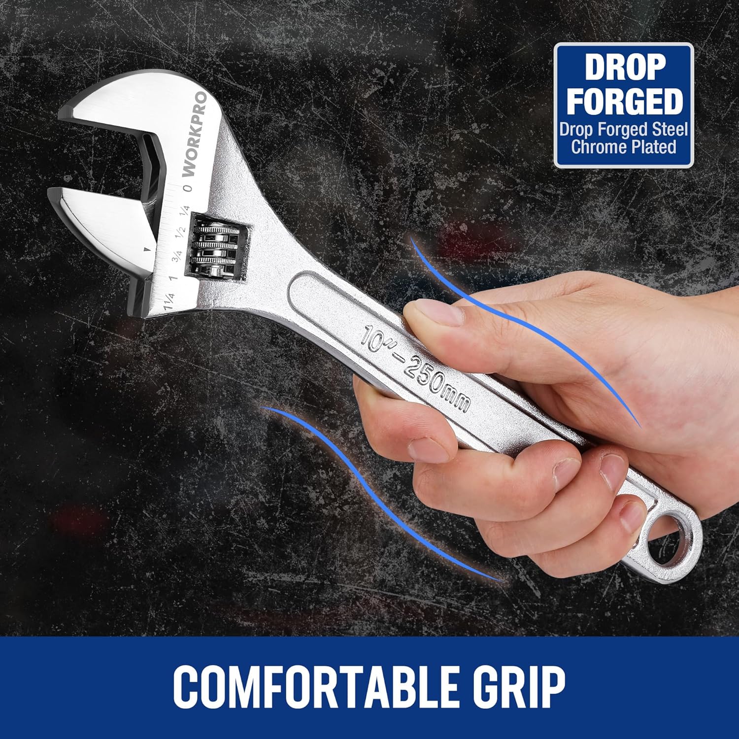 Chrome-plated adjustable wrench with engraved metric scale and drop forged steel