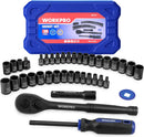 WORKPRO 39PC Drive Socket Wrench Set, 1/4'' & 3/8'' Sockets Kit, 3/8" Ratchet, Extension Bar, Spinner Handle & Adapter, Premium Black Phosphate Finish Mechanics Tool Set with Tool Box, Metric & SAE