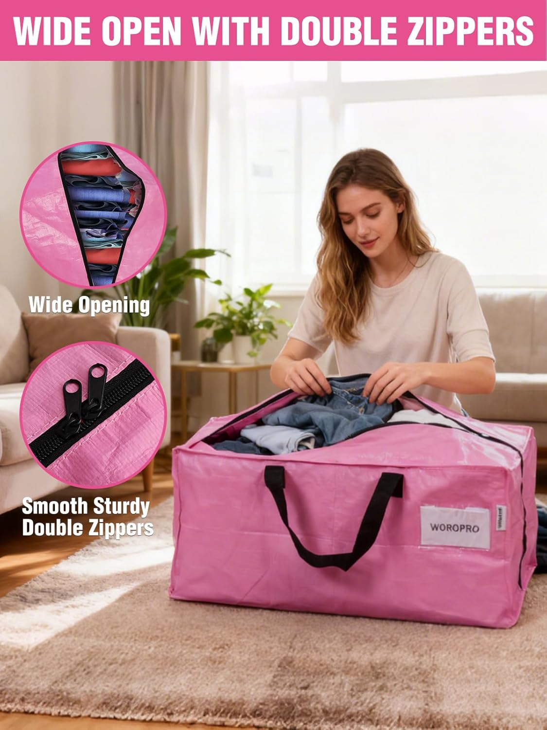 Pink heavy-duty storage tote with double zippers and wide opening
