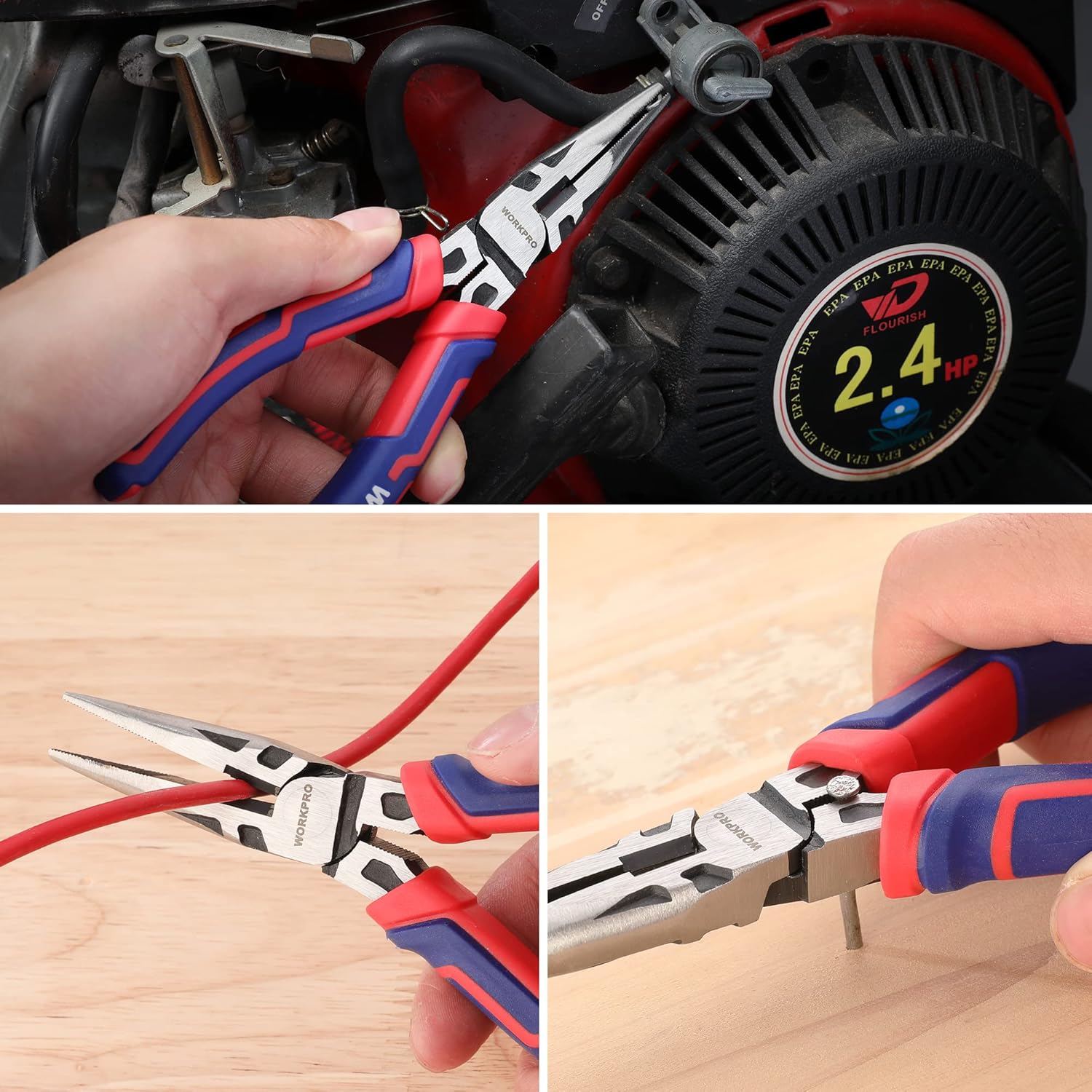 Needle-nose cutting pliers with wire cutter and red-blue grips held over wood