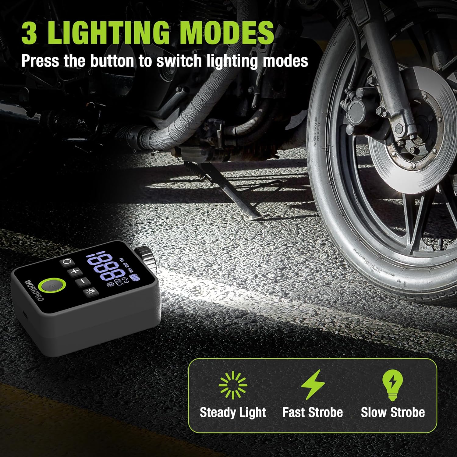 WORKPRO mini air pump with LED lighting modes, beside front motorcycle wheel