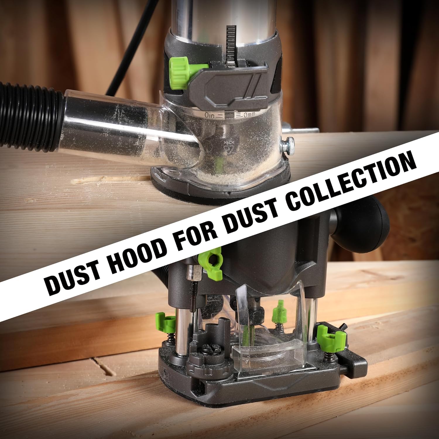 Compact router with dust hood attached, cutting into a wooden workpiece