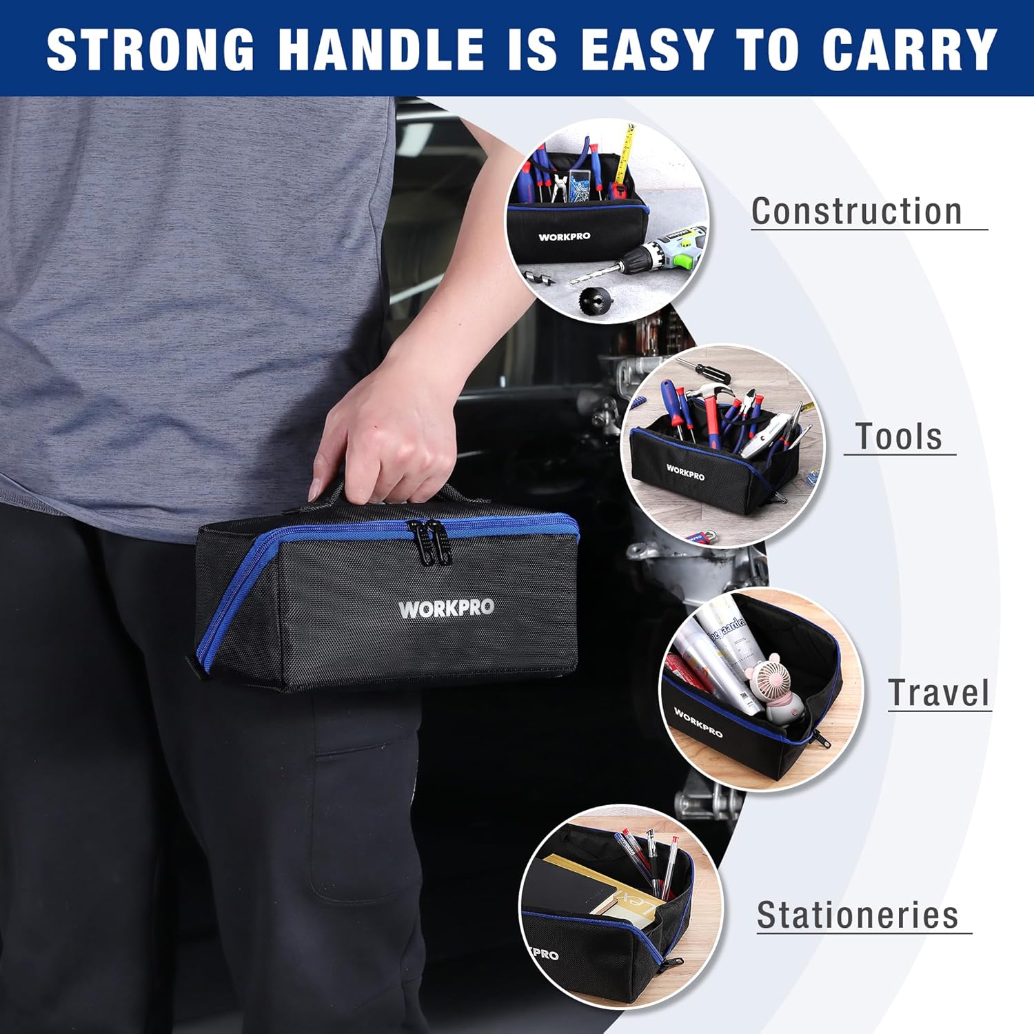 Black WORKPRO tool bag with blue trim, front zip and top handle for easy carrying