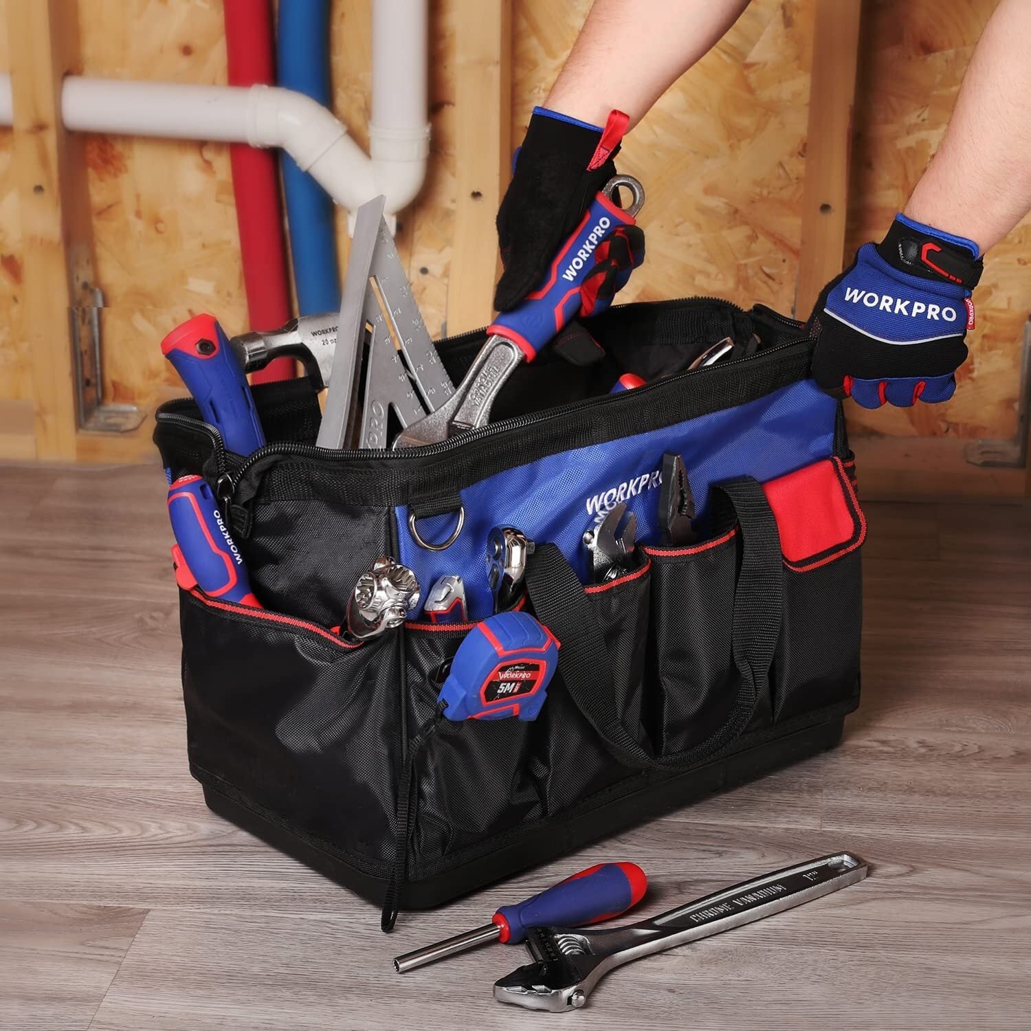 WORKPRO 18" Tool Bag Tool Tote Waterproof with Base and Adjustable Shoulder Strap