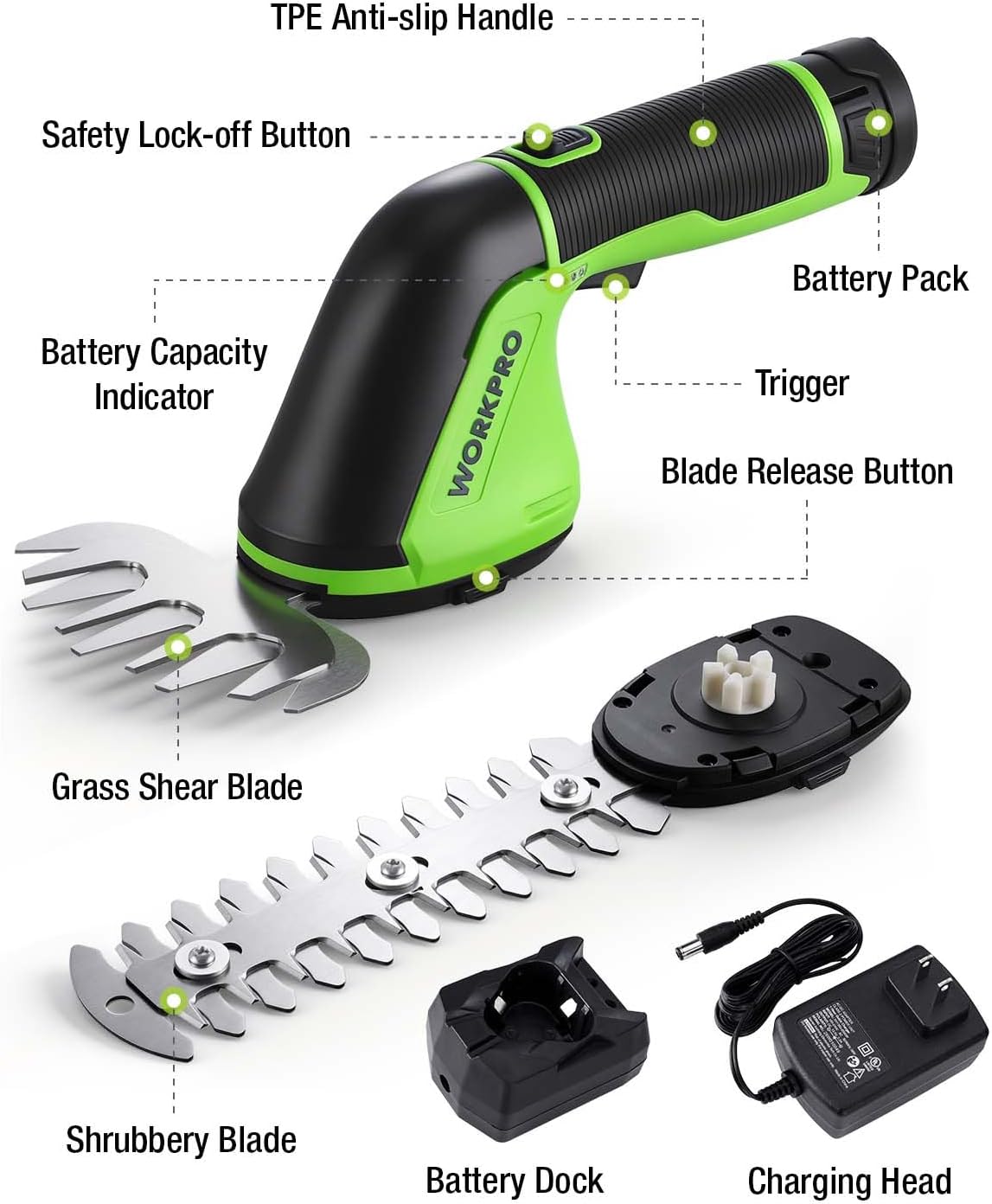 WORKPRO 12V cordless grass shear parts with anti-slip handle, trigger, blades, and charger