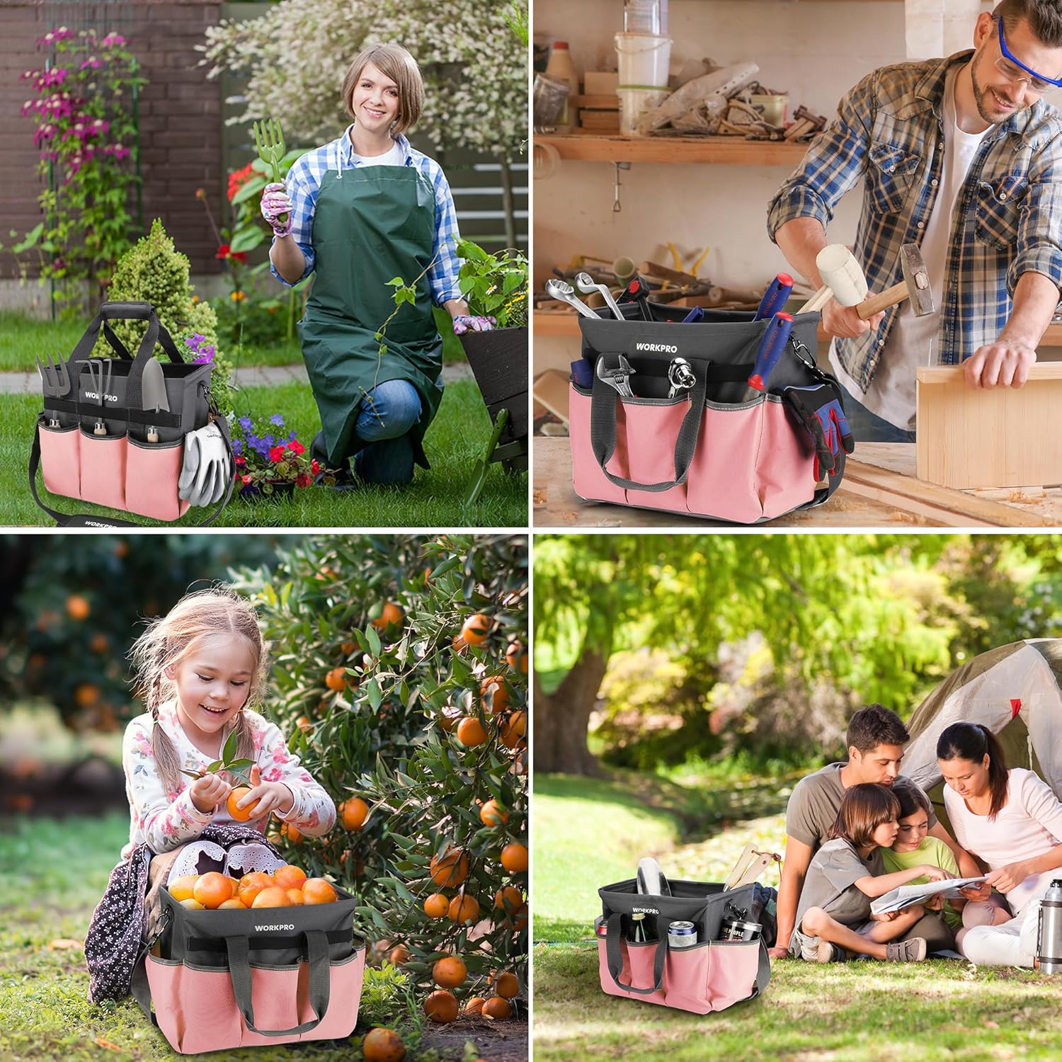 WORKPRO tool tote bag in pink and gray with organizer pockets, carried at the side