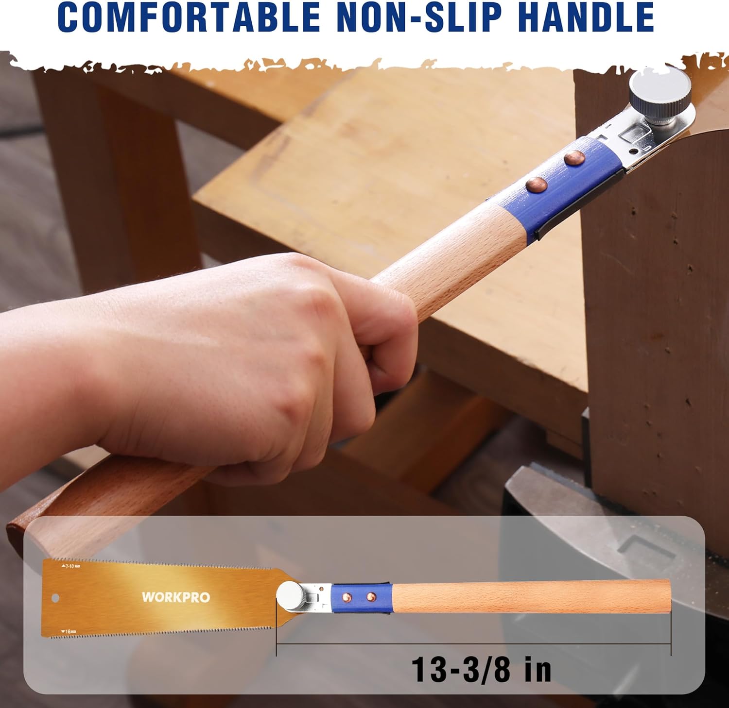 Non-slip blue handle wood pull saw with beech grip, 13-3/8 in length