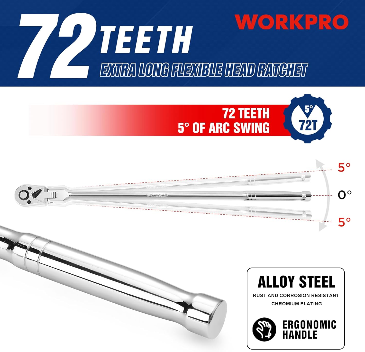 Extra-long ratchet handle with ergonomic grip and swivel arc tooth range markings