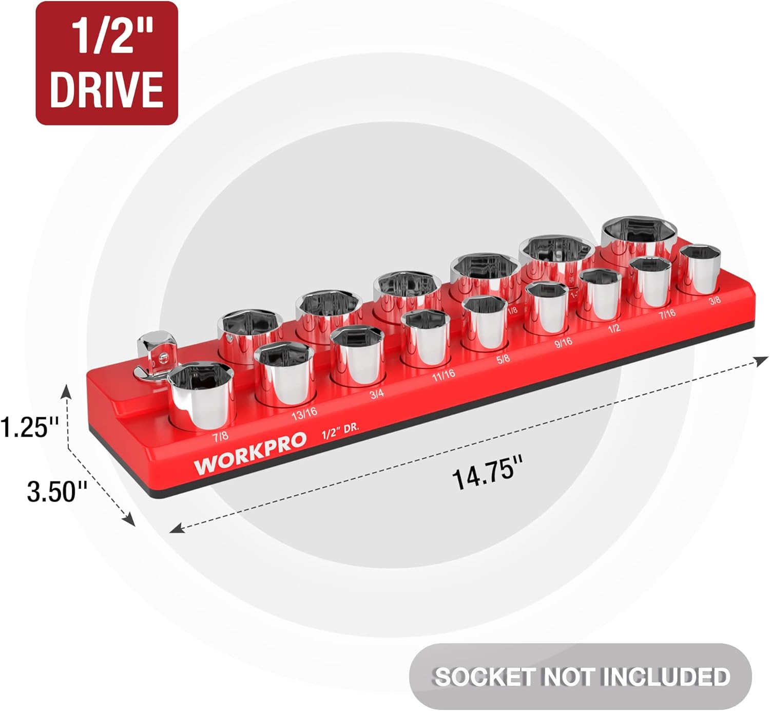 Red 1/2-inch drive magnetic socket organizer base with labeled socket positions