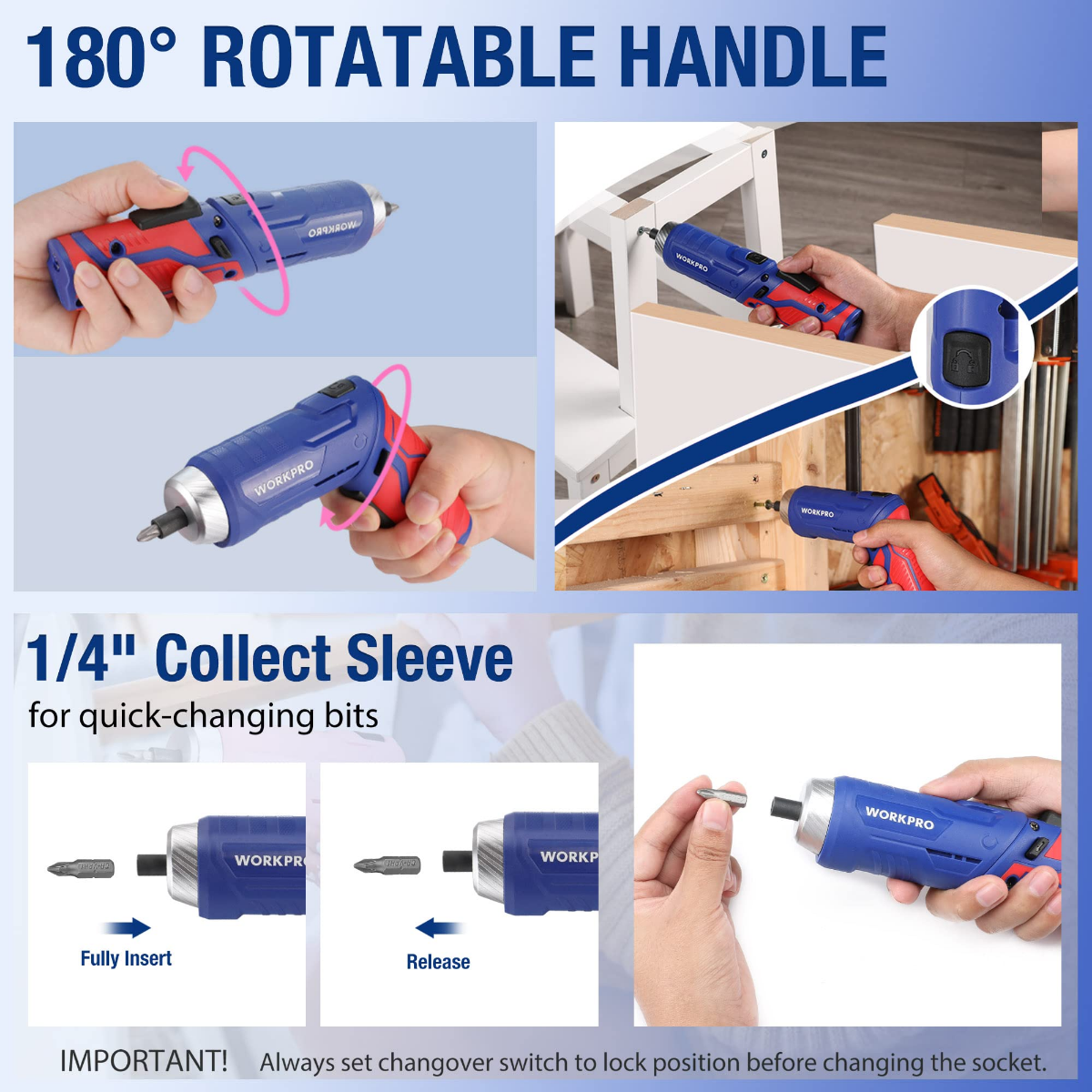 Blue WORKPRO cordless screwdriver with 180° rotatable handle and 1/4" collect sleeve