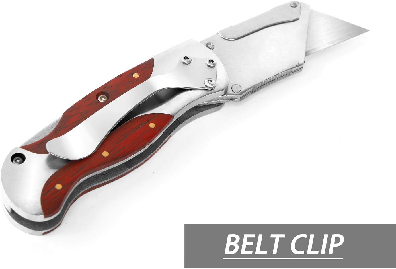 Folding utility knife with silver blade, red wood-grain handle, and belt clip on frame