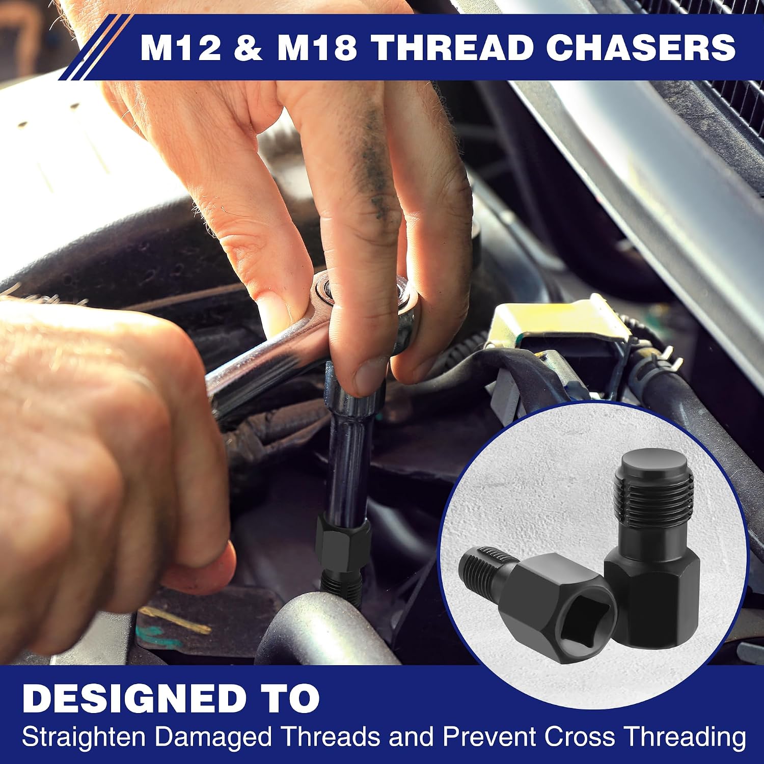 M12 and M18 thread chaser tools for repairing and cleaning damaged threads