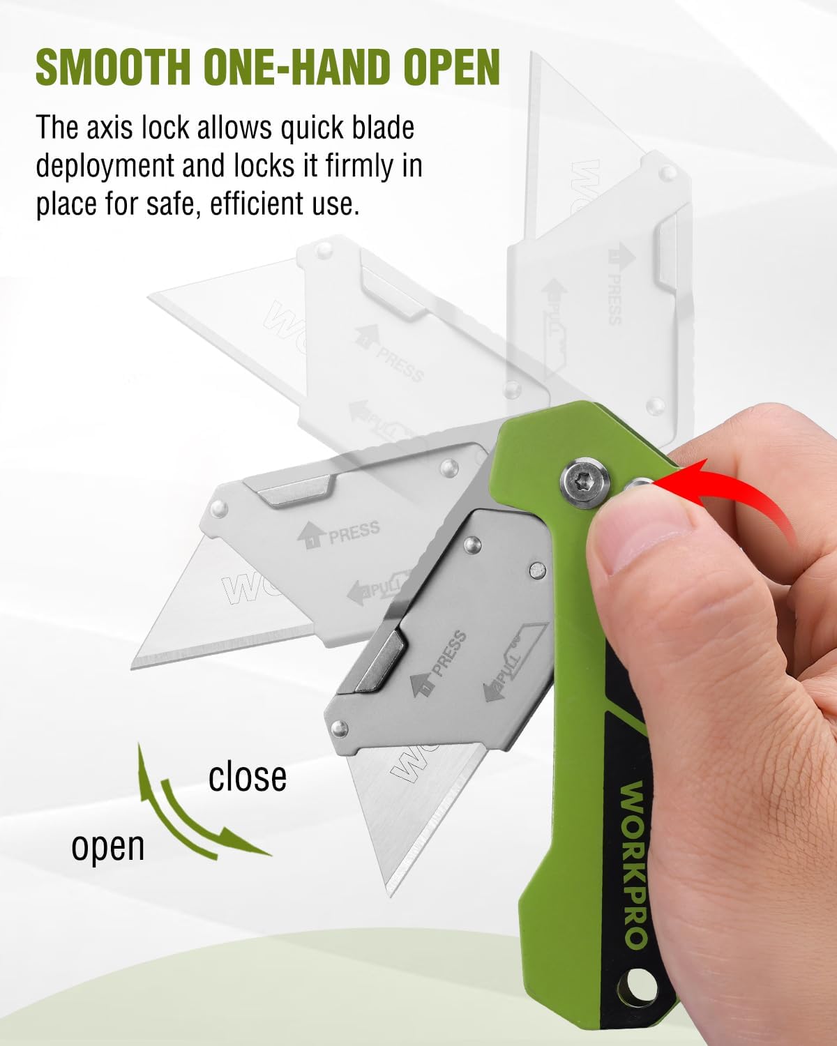 Green folding utility knife with axis lock; blade open for safe one-hand use