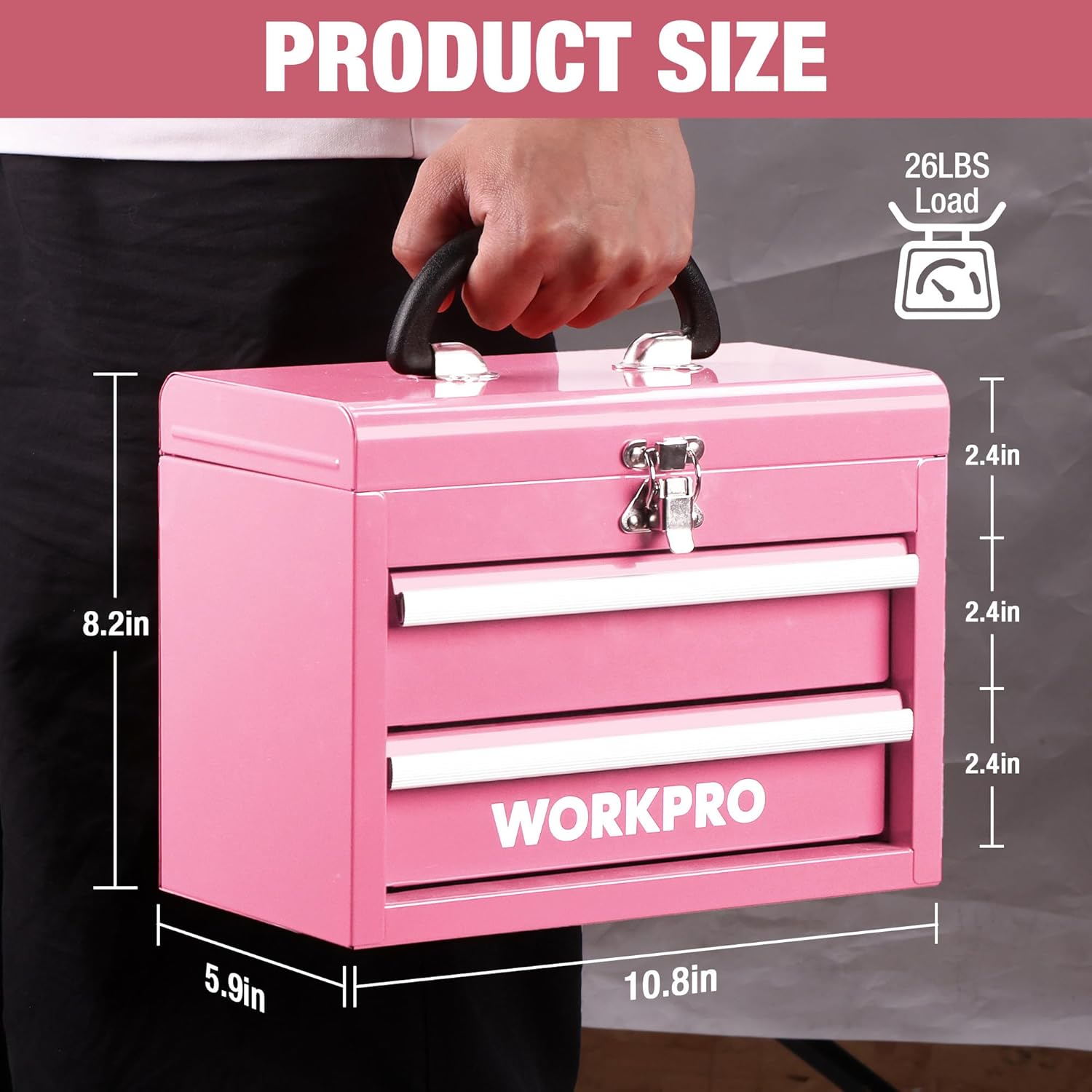 Pink portable mini metal tool chest with two drawers, top latch and carrying handle