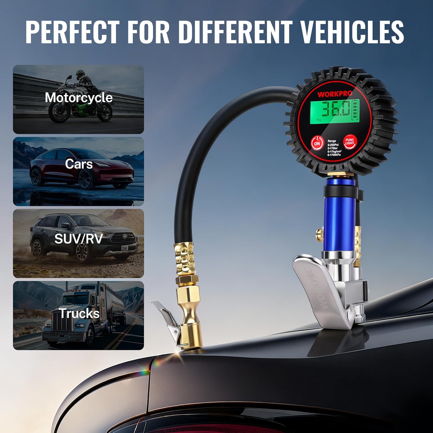Digital tire pressure gauge with brass air chuck and rubber hose on a vehicle tire