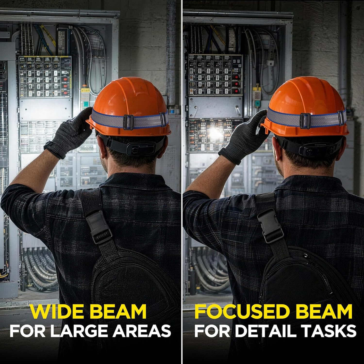 Headlamp worn with an orange hard hat; front LED lit and headband straps visible