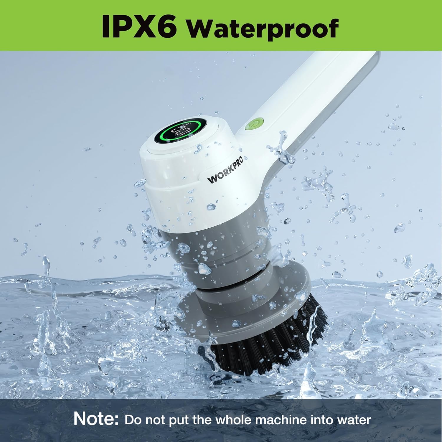 WORKPRO IPX6 waterproof electric scrubber with rotating brush head in water splashes