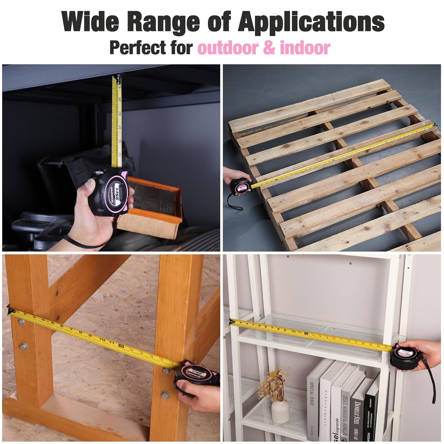 WORKPRO retractable tape measure measuring wood shelves and cabinet edges