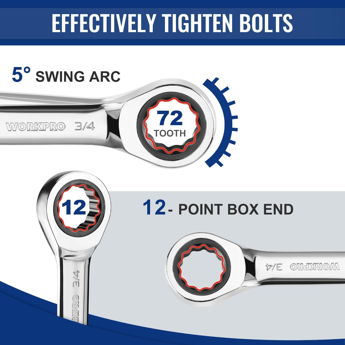 Ratcheting stubby combination wrench with 72-tooth box-end for compact bolt turning