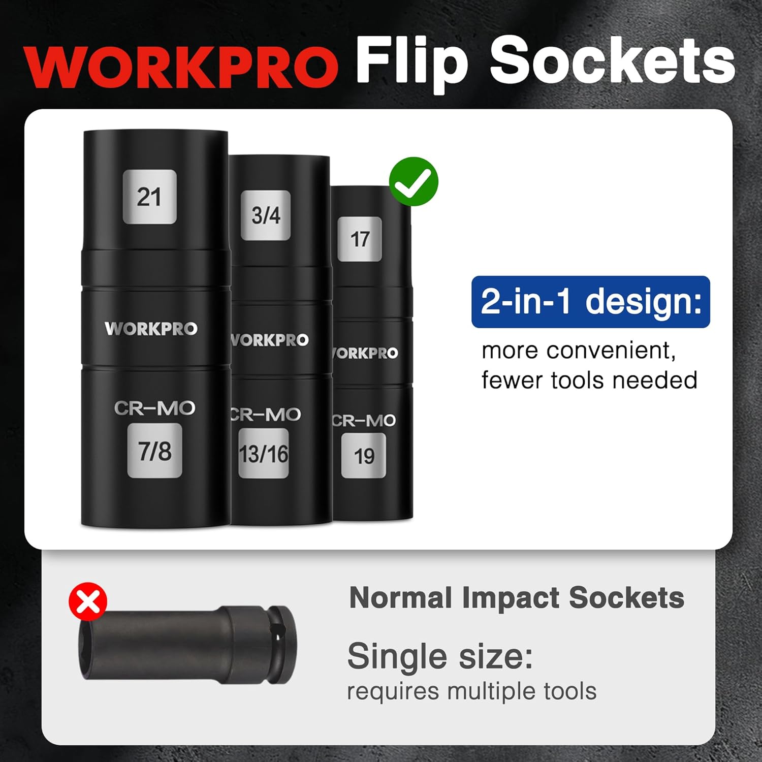 WORKPRO flip socket set of three black CR-Mo impact sockets