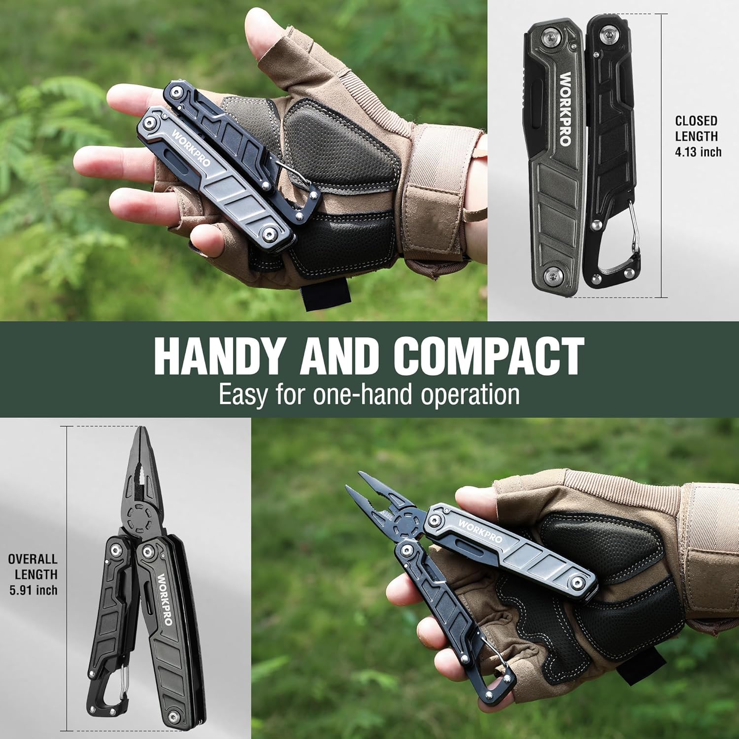 Compact WORKPRO multitool pliers with black sheath, folded and held in hand