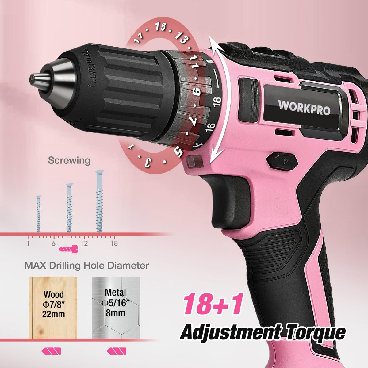WORKPRO 20V Pink Cordless Drill Driver and 141 Pcs Home Tool Set