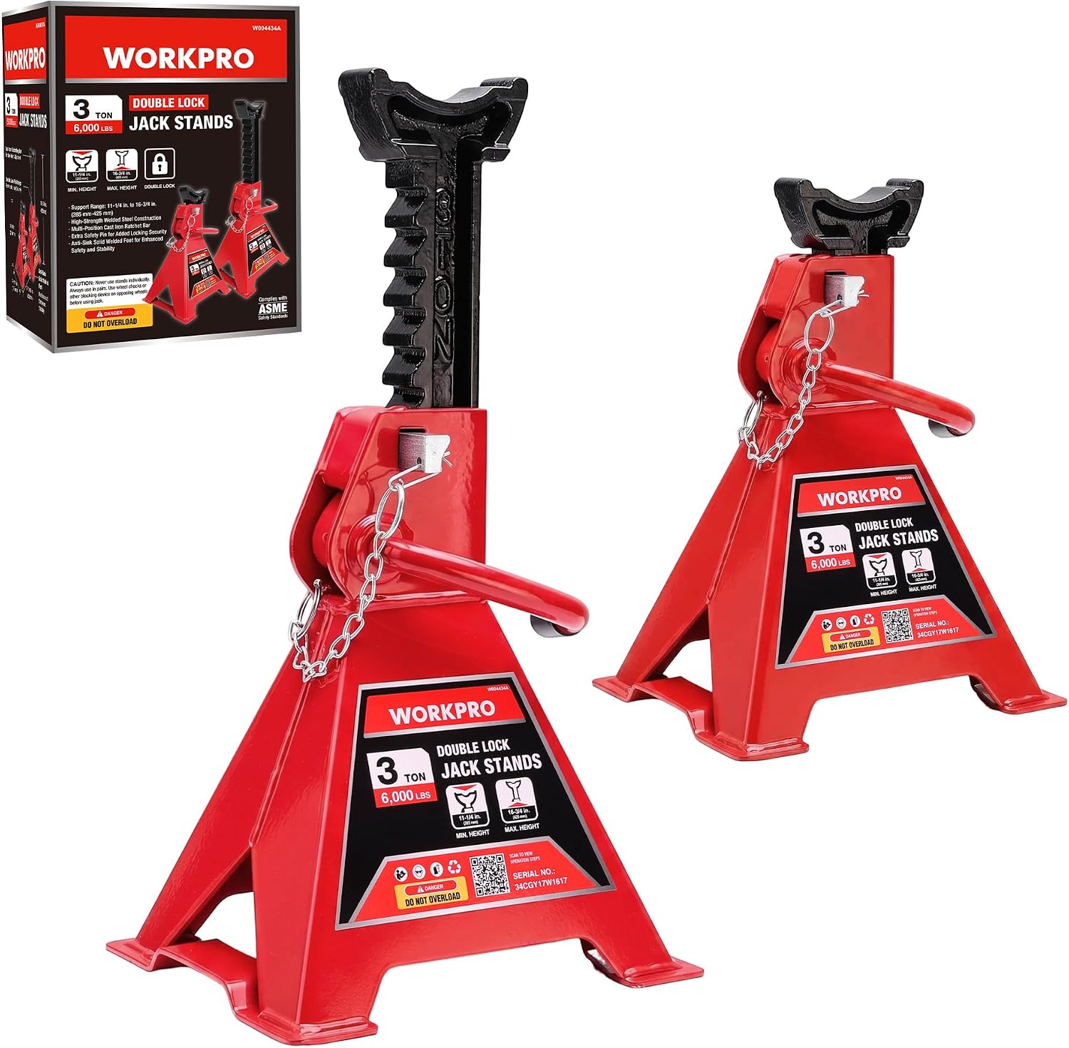 WORKPRO 3 Ton Jack Stands with Double Lock, 6000 LBS Capacity, 1 Pair