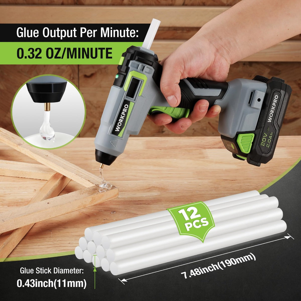 WORKPRO cordless hot glue gun applying white glue to a wood surface