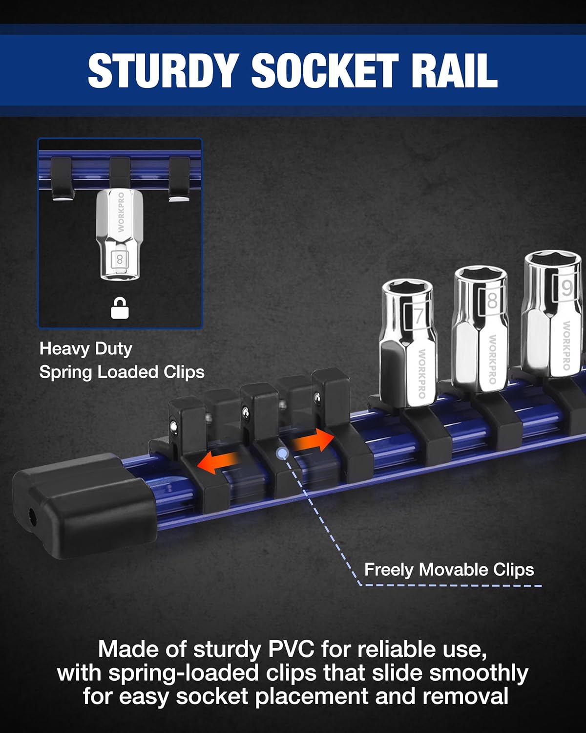 Durable PVC socket rail with spring-loaded clips for secure storage and easy socket placement