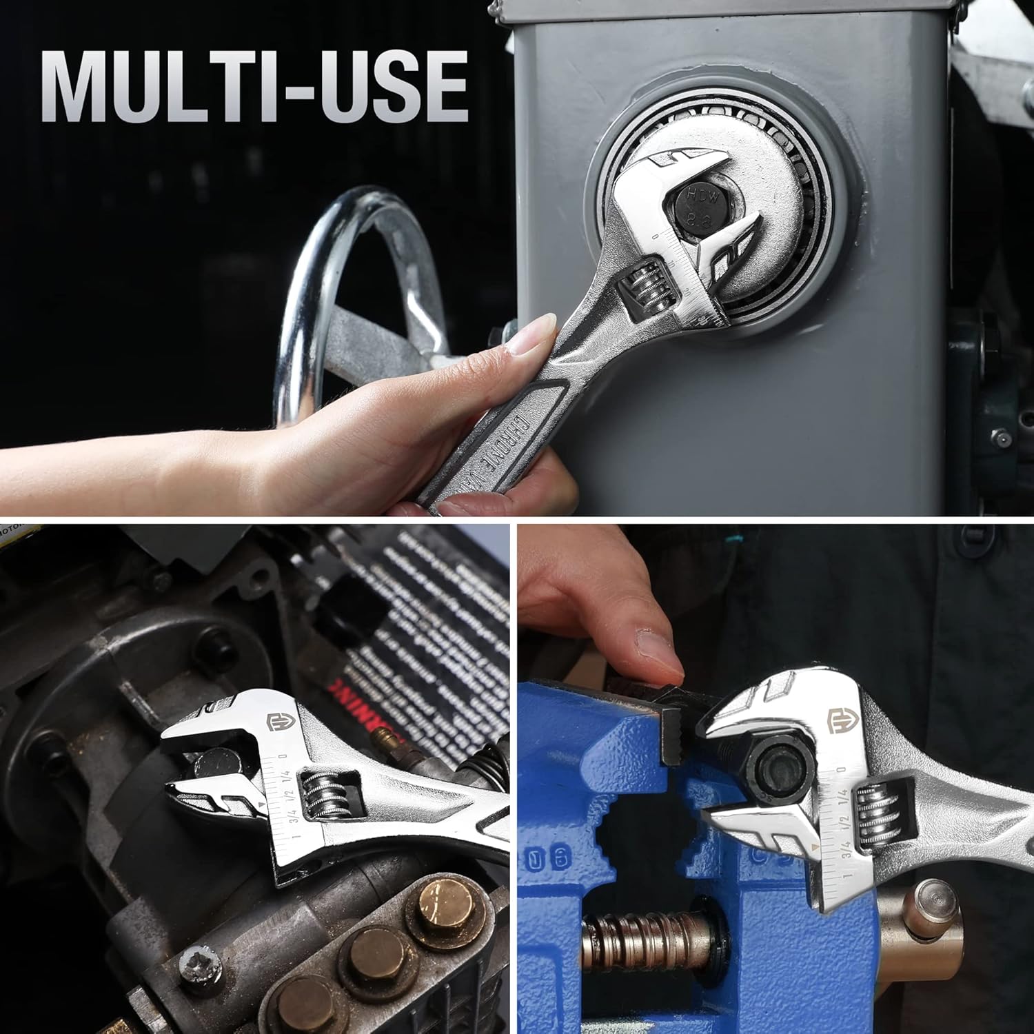 Adjustable wrench in use on a fastener, adjustable jaw with measurement markings, silver.