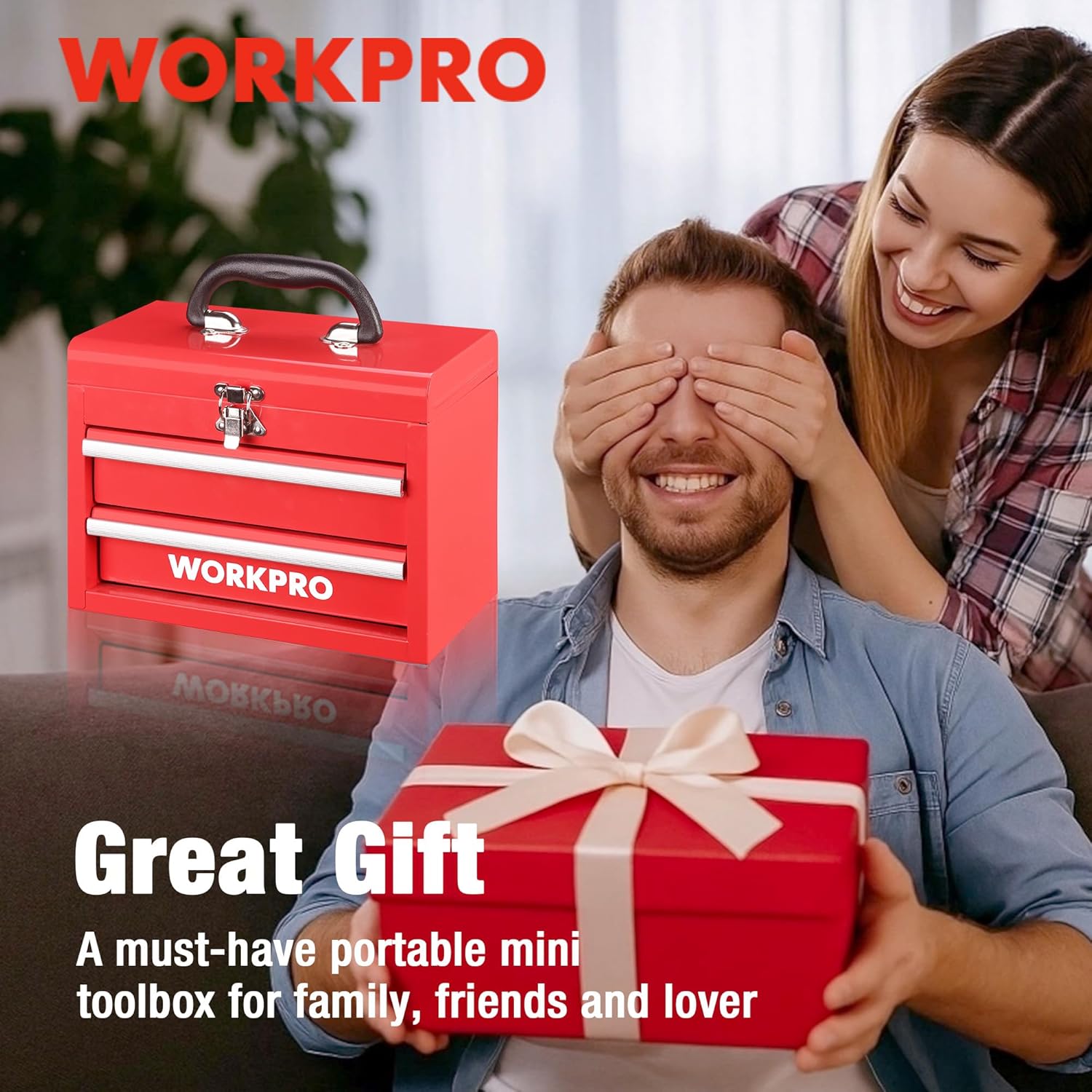 Red portable metal mini tool chest with carry handle, latch, and two drawers