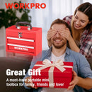WORKPRO Portable Mini Tool Box, 2 Drawers Metal Tool Chest with Ball Bearing Slides, Top Storage with Latch, Ergonomic Carrying Handle, Mechanic Toolbox with PVC Liners and PP Feet Pads
