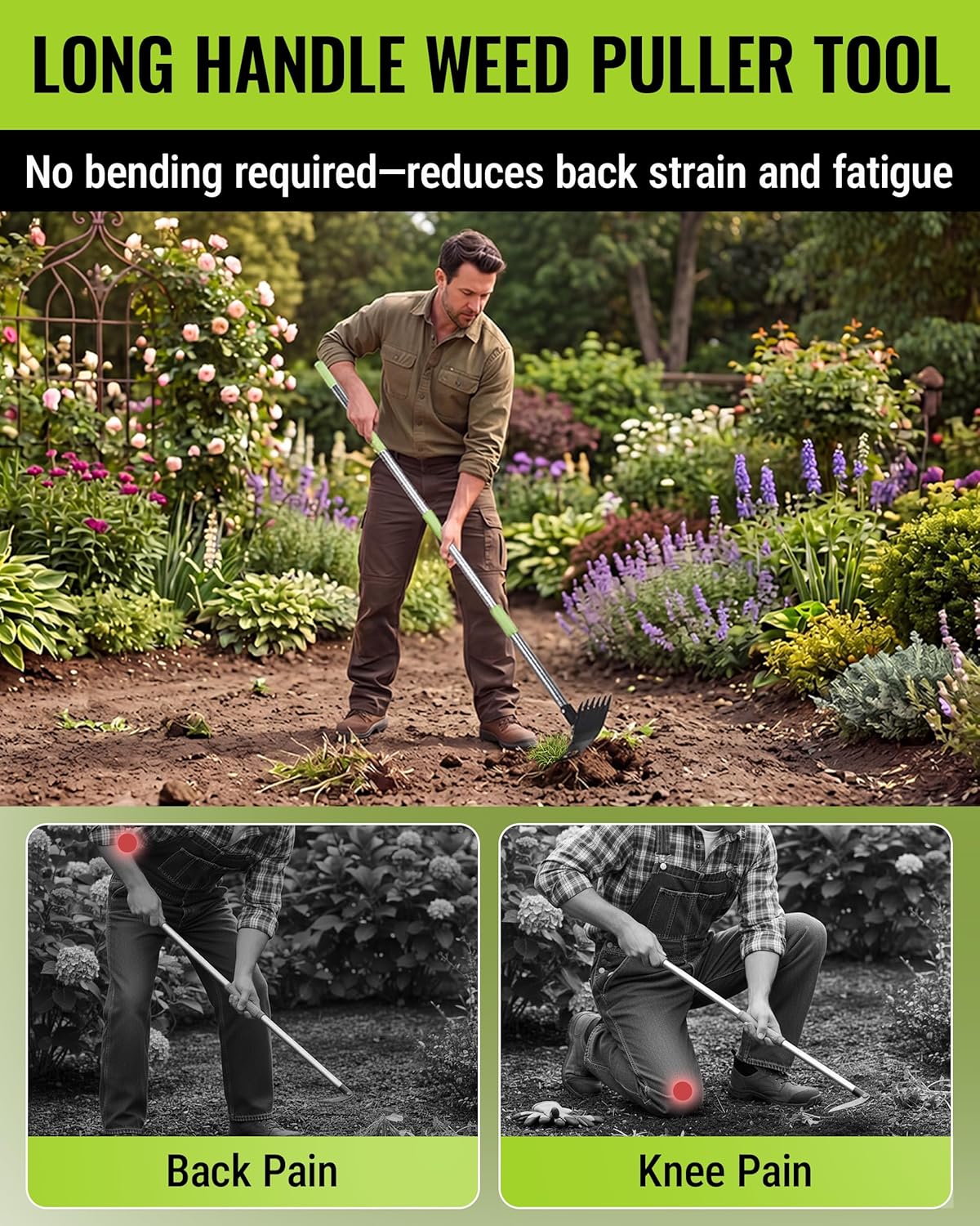 Long handle weed puller tool with rake hoe head for garden beds and outdoor use