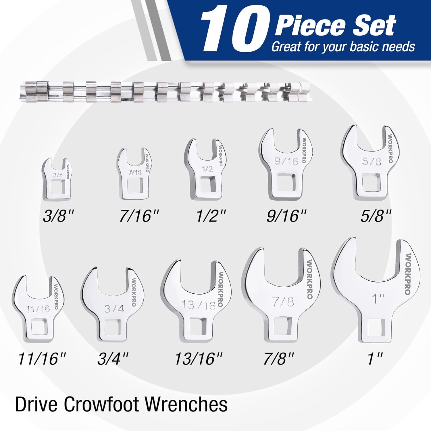 WORKPRO 3/8 in drive crowfoot wrench set, 10-piece SAE open-end wrenches