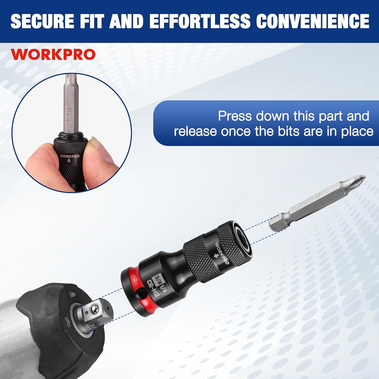 Quick-release hex impact socket adapter with bit holder, black body and red ring