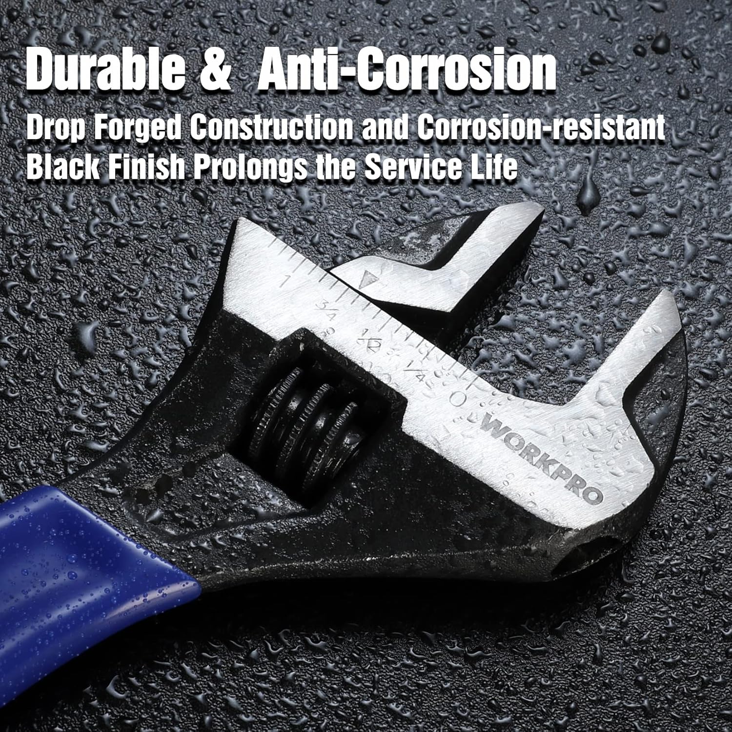 Adjustable wrench head with black oxide finish and visible jaw opening near handle