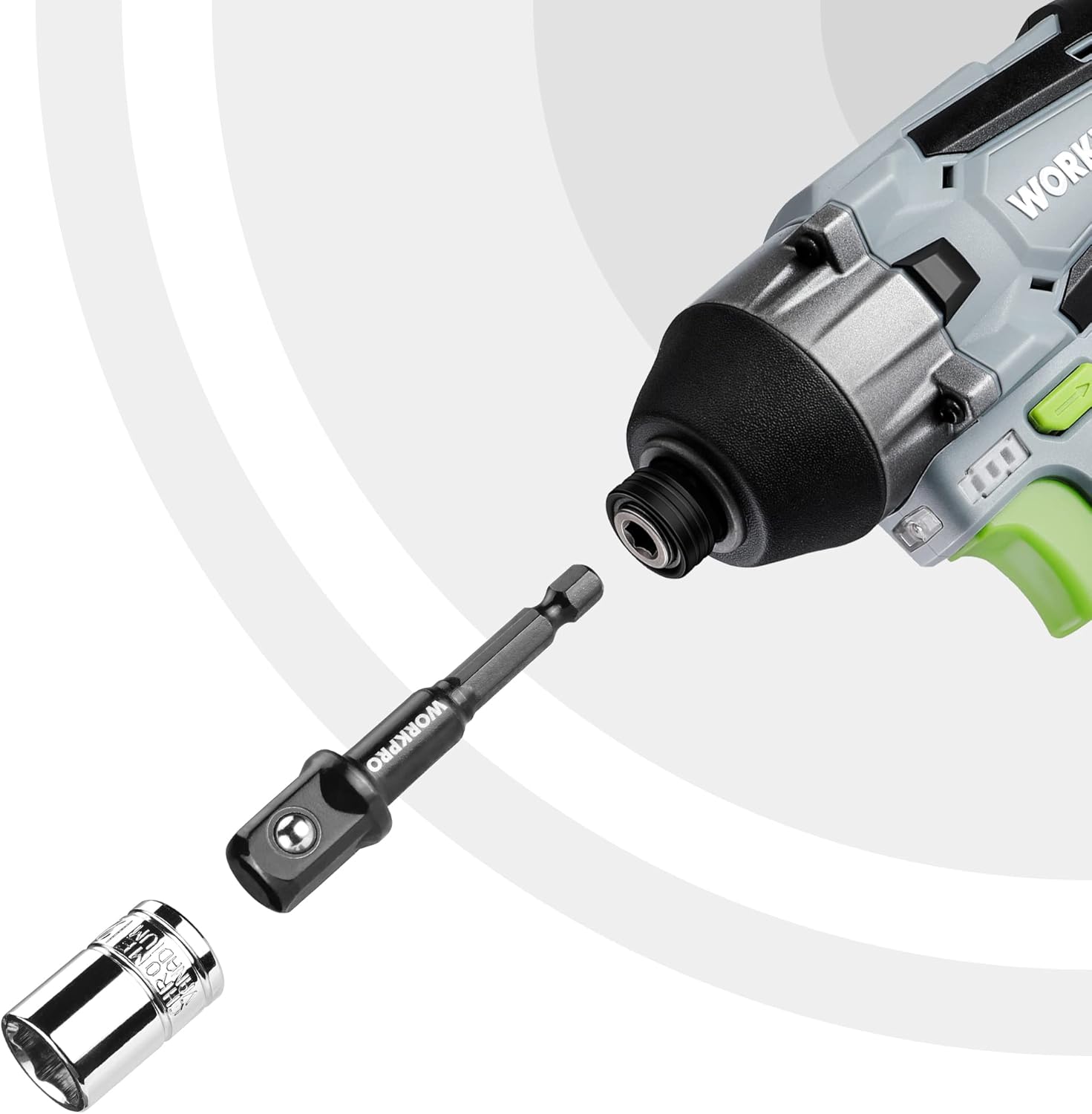 WORKPRO socket extension adapter attached to a drill, hex shank drive piece
