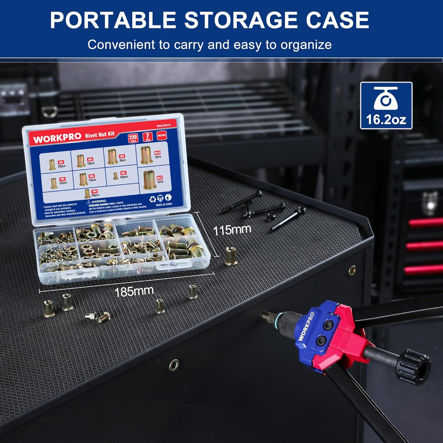 Portable storage case with zinc-plated rivet nuts and flat-head knurled inserts