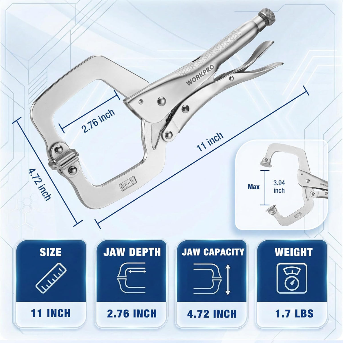 11 in locking C-clamp with measured dimensions and maximum jaw opening callouts