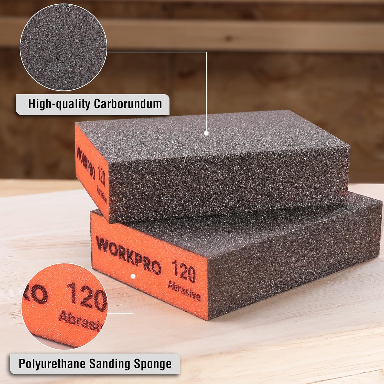 WORKPRO sanding sponge with two dark foam blocks, orange 120-grit abrasive label