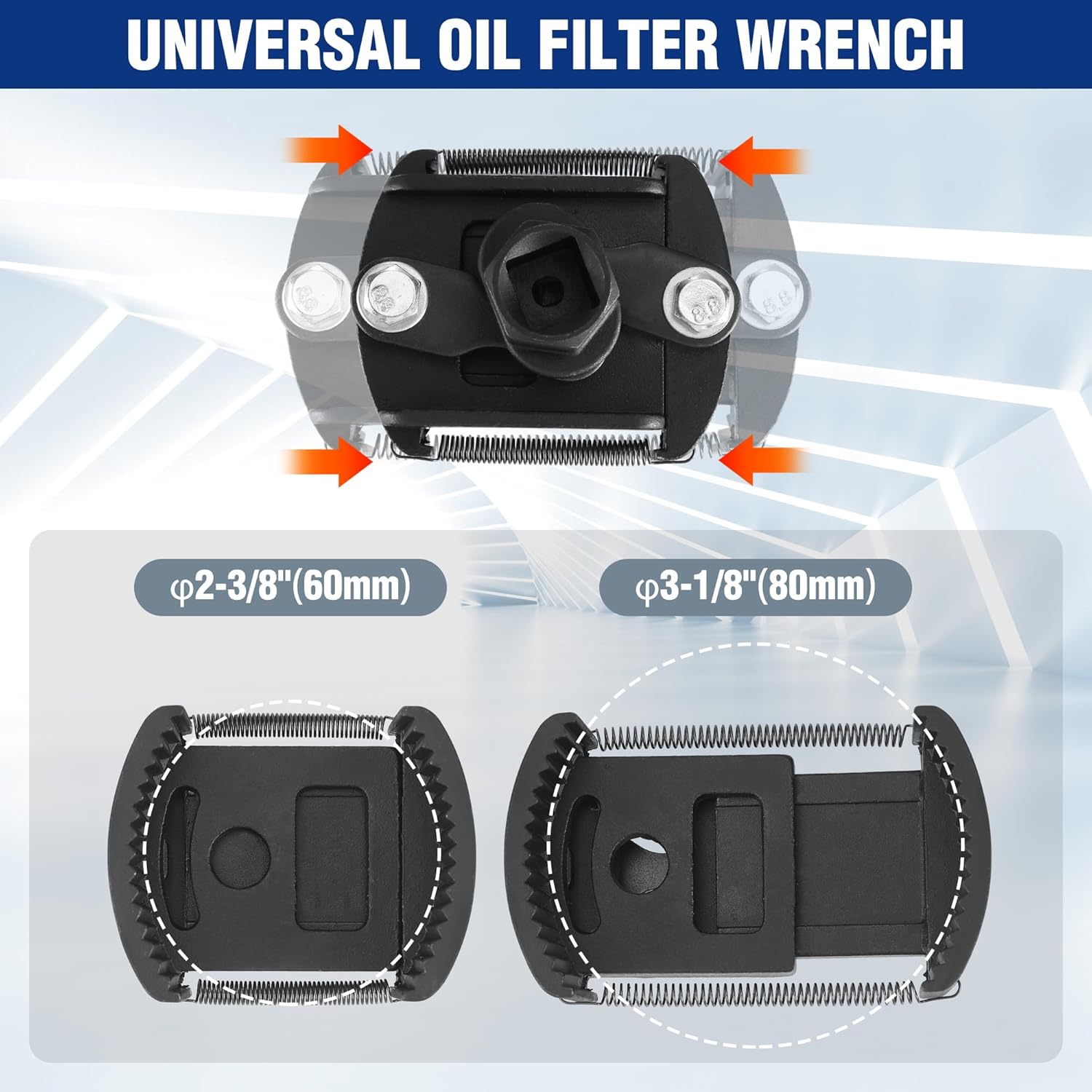 Universal oil filter wrench with auto-clamp spring, adjustable for 2-3/8–3-1/8 in filters
