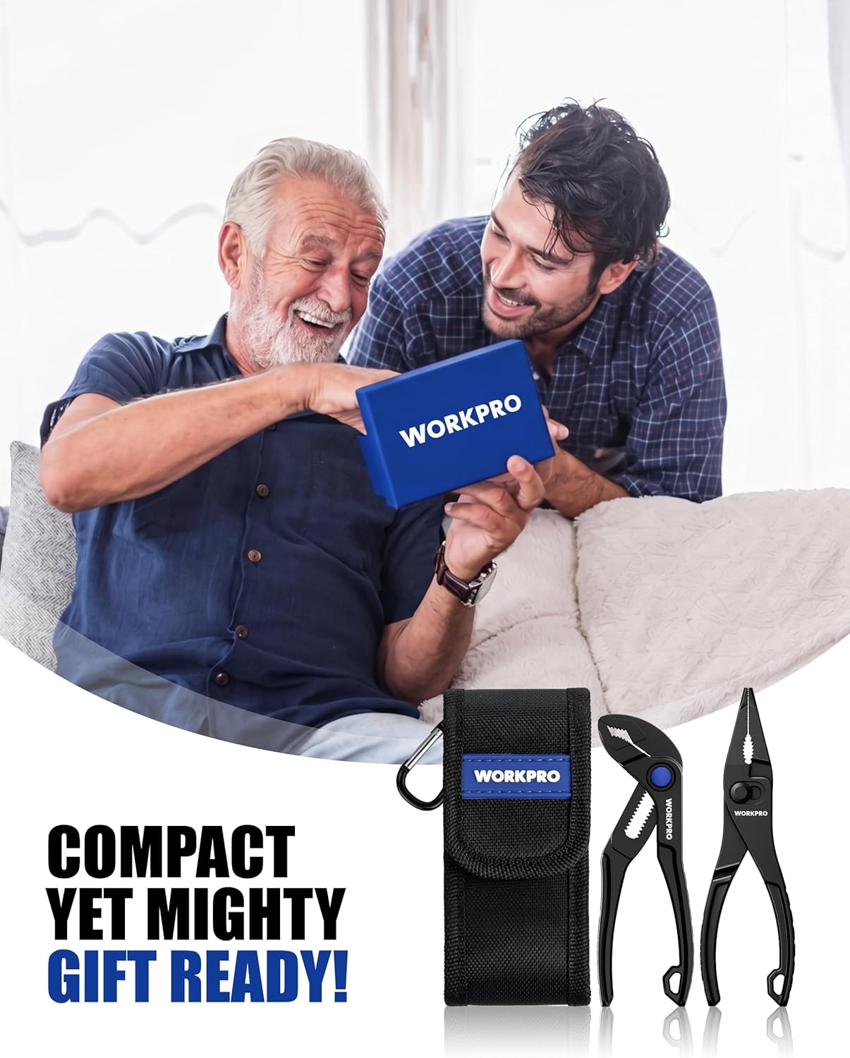 WORKPRO mini pliers set with black fabric pouch and two compact pliers, blue accents